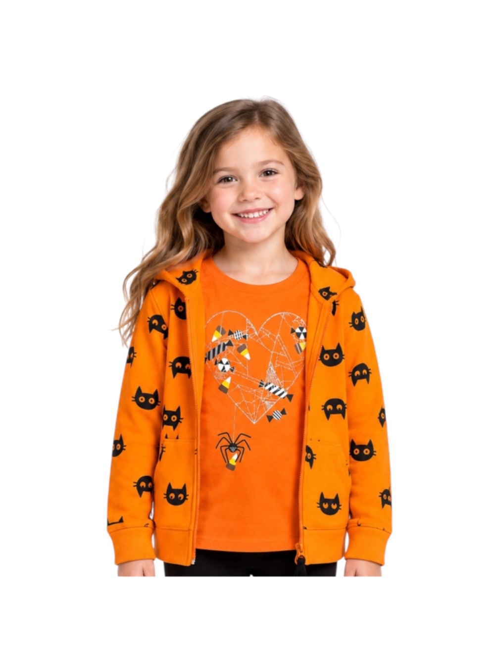 Cat & Jack Girls Halloween Hoodie & Shirt Bundle Size 6/6X Orange Black Cats